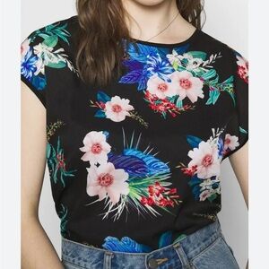 Ted Baker Floral Jamboree Woven Front T Shirt Black Sammer Cap Sleeve Sz 2 M